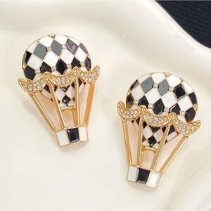 HOT AIR BALLOON black n white rhinestone enamel statement earrings